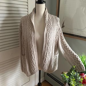 ARAN MOR Womens Beige Open Cardigan 100% Merino Wool Knit Sweater Ireland | S